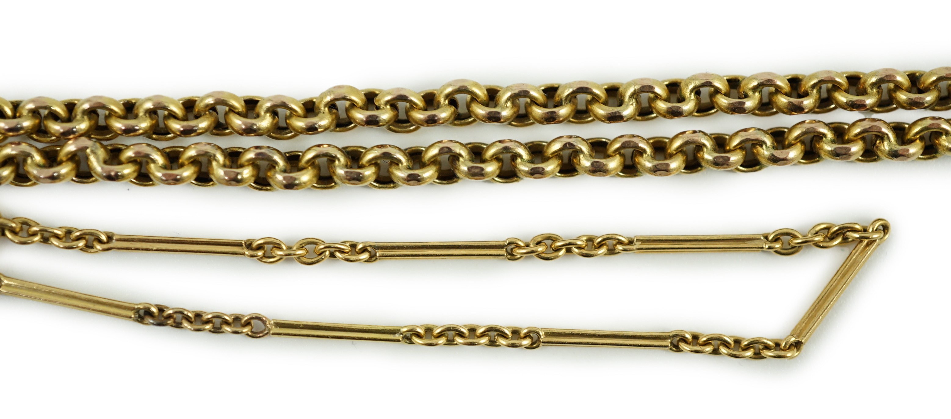 A yellow metal (stamped 56) chain, 40cm and a small yellow metal bracelet, 14cm, gross weight 10 grams.